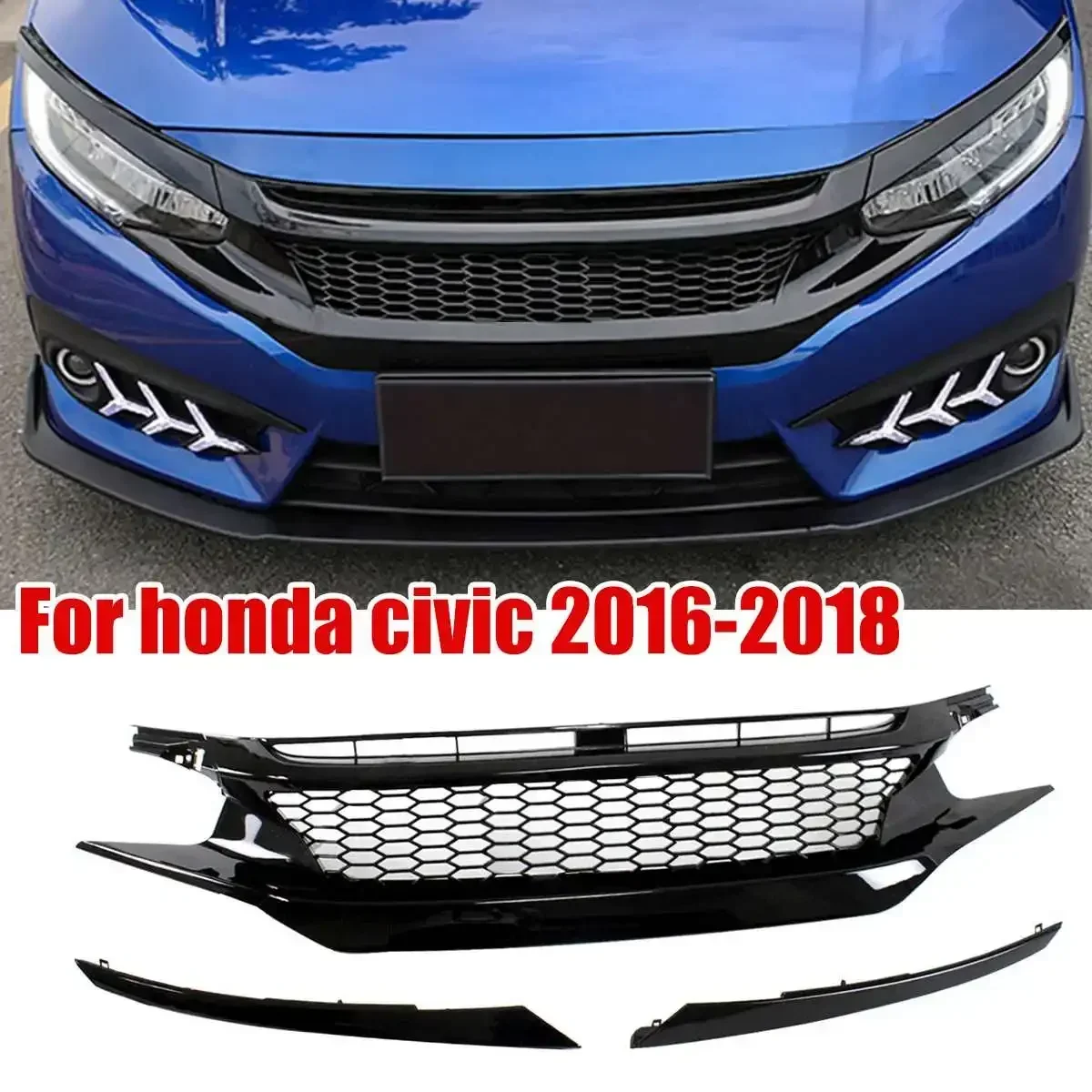 Gloss Black Front Sport Style Mesh Grill Grilles Kidney For HONDA CIVIC 2016-18 10TH Gen 4 door and 2 door models Exterior Part