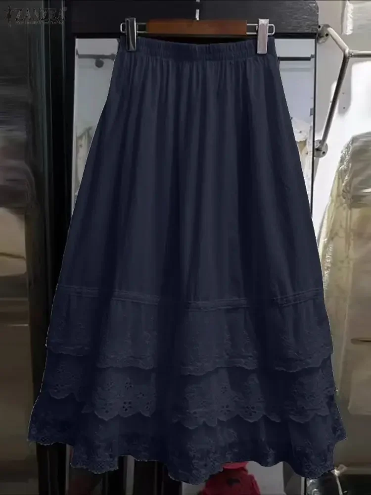 

2025 ZANZEA Women Lace Long Skirts Elastic Waist Elegant Party Maxi Bottoms Casual Oversized Ruffled Holiday Jupes Faldas Saia