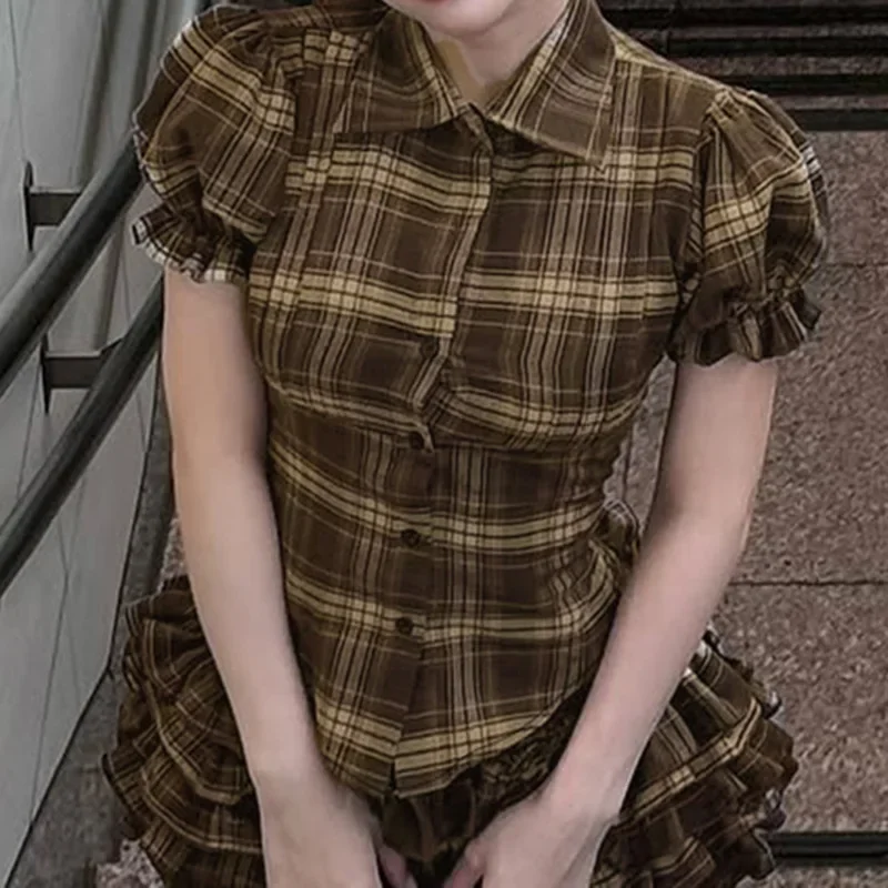 Sweet Brown Plaid Short Sleeve Tops Japanese Style Cute Blouse Button Shirt A-line Layered Mini Plaid Skirt with Shorts Inside