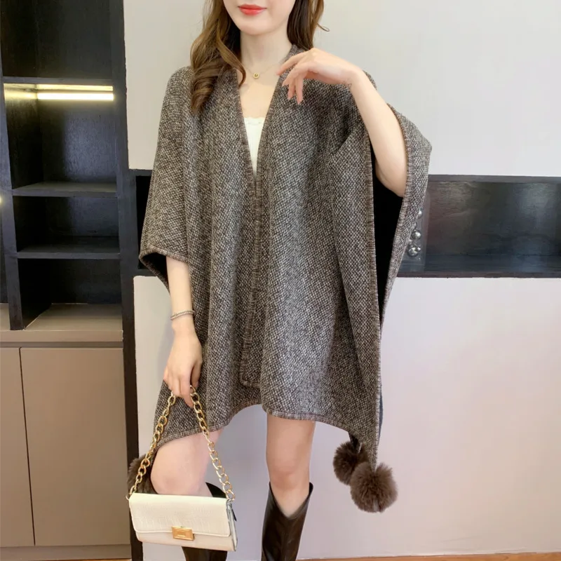 Fashionable Women Loose Solid Color Long Shawl Autumn Winter New Style Korean Plush Balls Stitching Cape All-Matching Ponchos