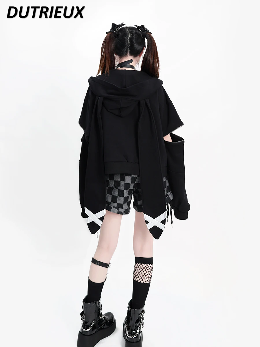 Lolita Cute Rabbit Ears Black Short Hooded Sweatshirt Women\'s Long Sleeve Spring Autumn Zip Up Oversized Hoodies Coat Cardigan