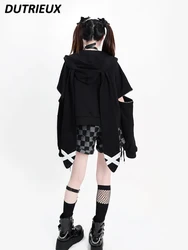 Lolita Cute Rabbit Ears Black Short Hooded Sweatshirt Women's Long Sleeve Spring Autumn Zip Up Oversized Hoodies Coat Cardigan