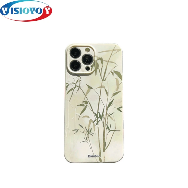 New Chinese Ink Bamboo Shadow Phone Case For iphone15 14 13 Pro Max Advanced Sense Phone Covers Embroidered Green Painting Funda