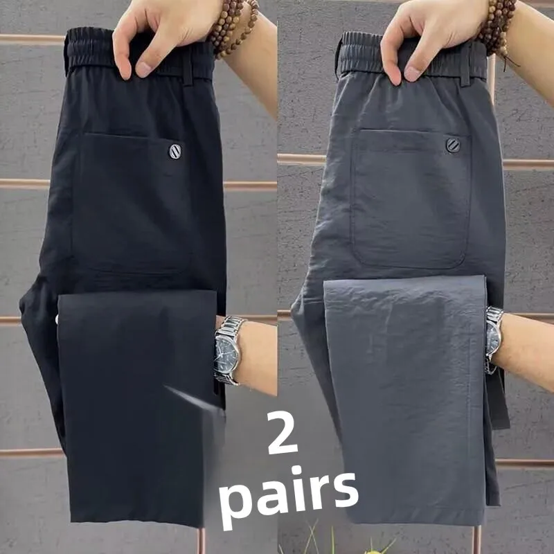 Trendy Men's Casual Pants Summer Thin Loose Straight Leg Elastic Waist Ice Silk Quick Dry Long Pants Comfortable All Match