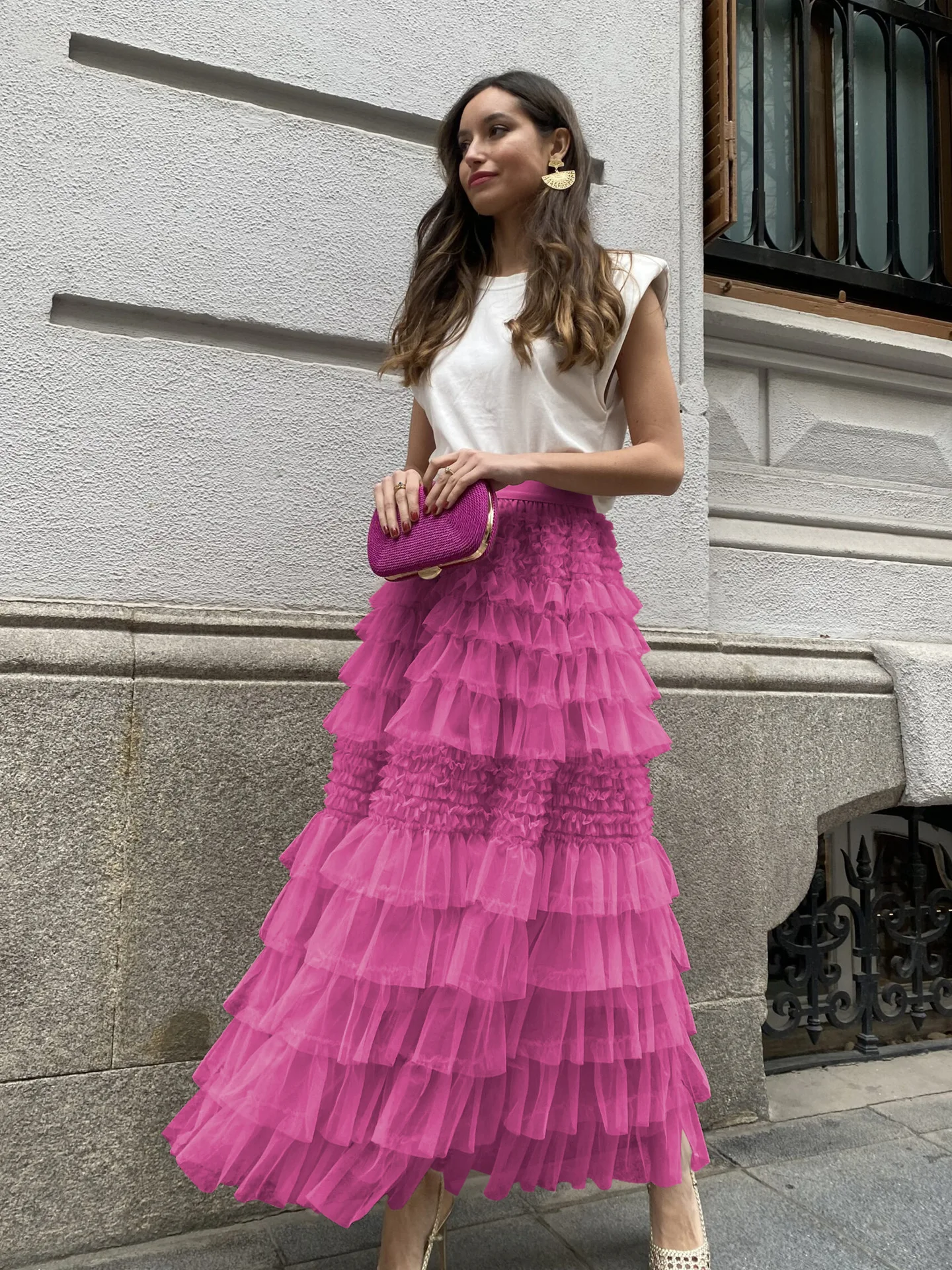 Elegant Solid Color High Waist Gauze Cake Skirt Ruffles Fluffy Skirt Summer High Waist Long Skirt French Dress Streetwear Y2K