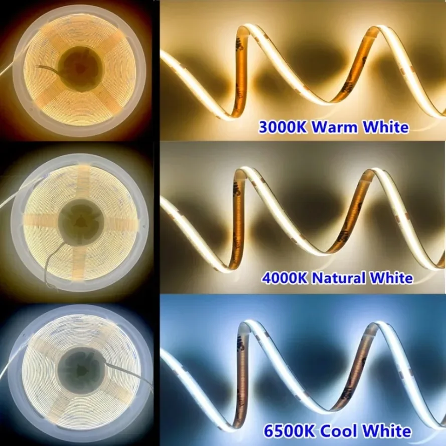 COB LED 스트립 조명 고밀도 선형 조명, 유연한 테이프, 따뜻한 천연 화이트, 레드, 블루, 그린 장식, DC12, 24V, 480320LED/m