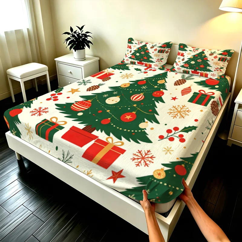 3Pcs Microfiber Christmas Fitted Sheet Set,Deep Pocket,Durable,Santa Claus Snowflakes Bell Print,Ideal Xmas Gift for Friends