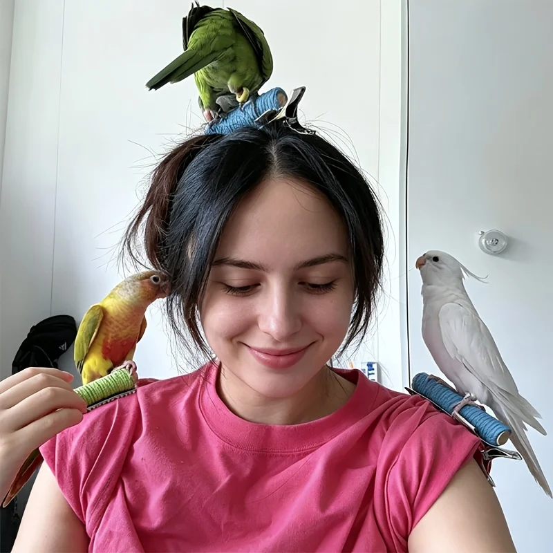 Parrot Metal Clip Perch/Shoulder Roosting Play Stand/Colorful Rope Wrapped Wooden Stick/Bird Interaction Training Stand