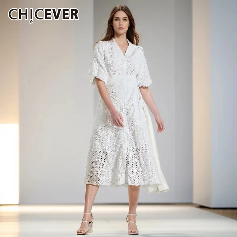 CHICEVER Summer Vintage Dress Female Puff Sleeve V Neck High Waist spliced Button Hollow Out Dresses For Women Fashion New 2024