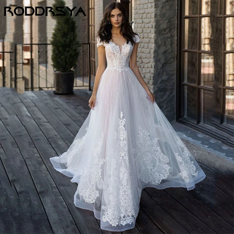 RODDRSYA Sweetheart V-Neck Wedding Dress For Women Elegant A-line Vestidos De Noiva Minimalistas Romantic Cap Sleeve Bride Party