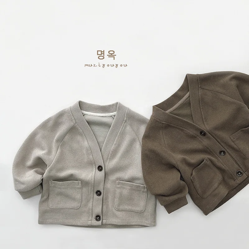 2024 Spring New Children Long Sleeve Lapel Casual Coat Boys Girls Retro Cardigan Solid Kids Pocket Jacket Fashion Baby Clothes