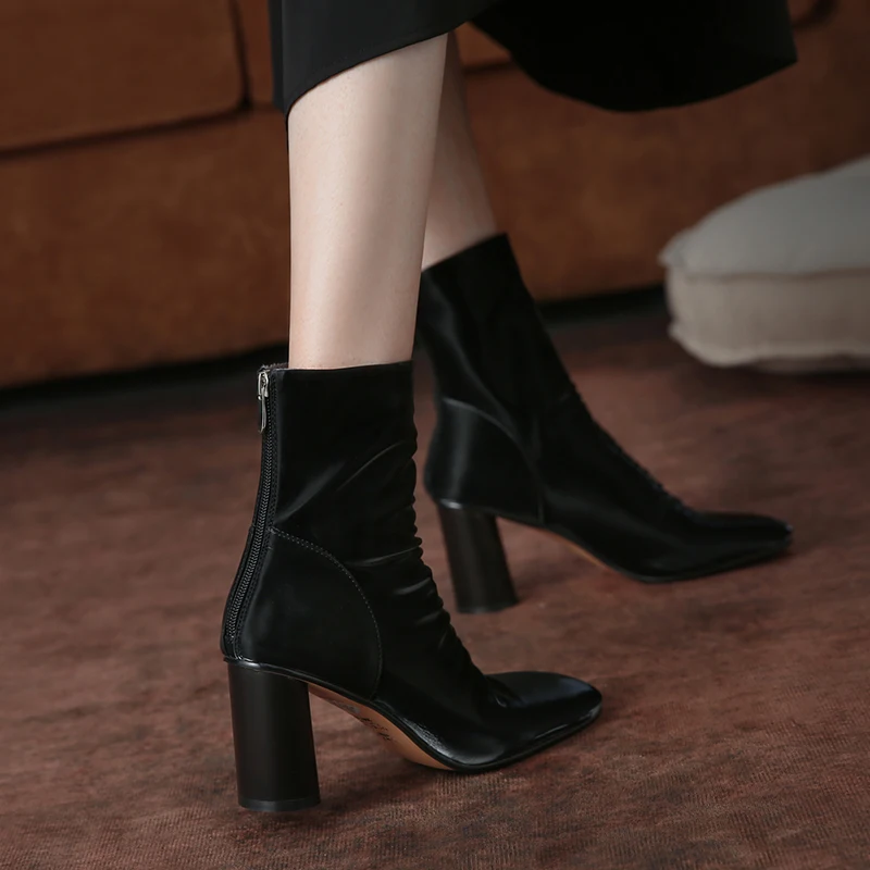 Microfiber Women Back Zipper Ankle Boots Autumn Winter Square Toe Ladies High Chunky Heels Boots Black Beige Boot SmallHut-D1063