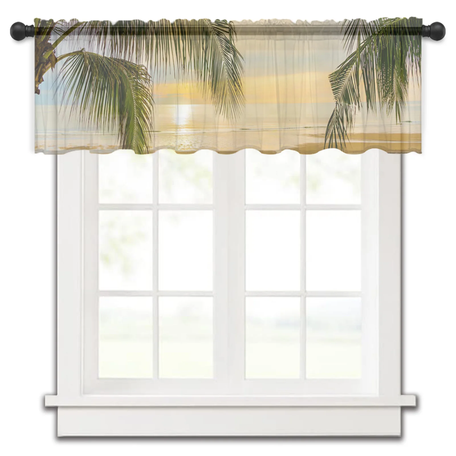 Summer Beach Palm Trees Short Tulle Curtain Bedroom Sheer Window Screening Drapes for Kitchen Living Room Decor Voile Curtains