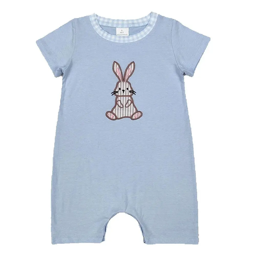 

SR2404 Embroidery Baby Infant Boys Blue Easter Rabbit Short Sleeve Rompers