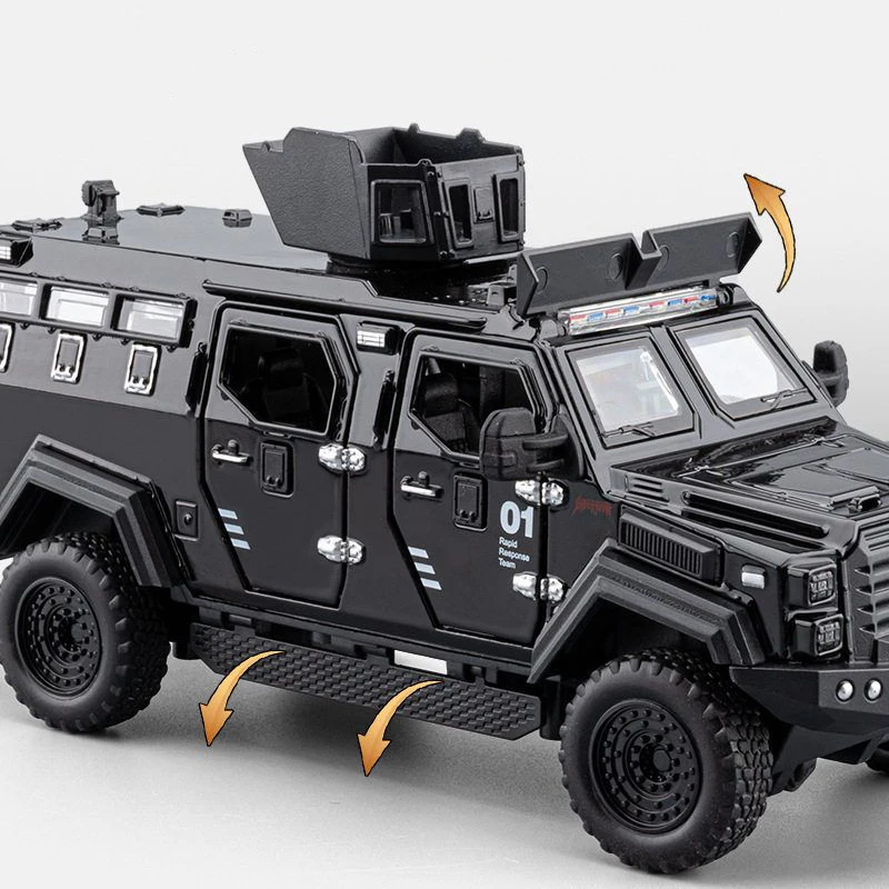 Modelo off-road blindado de tigre com dentes de sabre em escala 1:32, veículo à prova de explosão SWAT da polícia de liga de zinco com portas que podem ser abertas, som, luzes e puxar para trás - carro de brinquedo para presente de aniversário/natal para meninos