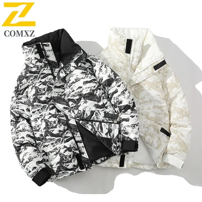 COMXZ 2025 Winter American Streetwear Men's Trendy Hooded Down Coat Thickened Warm Parka Jacket