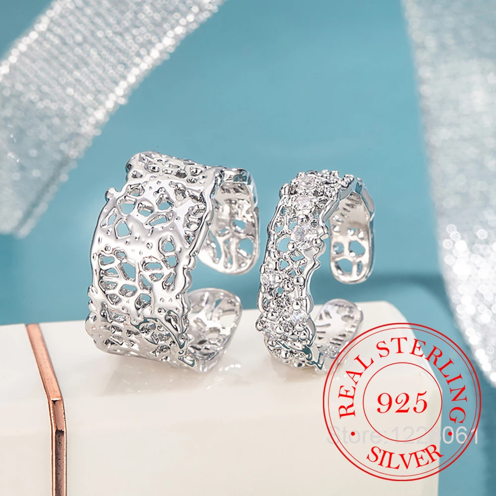 

925 Sterling Silver Jewelry Luxury Hollow Patterned Open Finger Rings for Women Wedding Party Jewelry For Girls Friend Gift