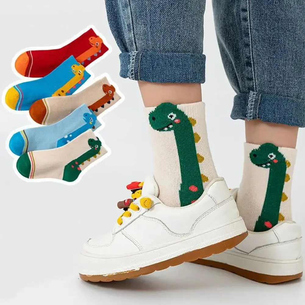 

5 пар хлопковых носков для экипажа, дышащие удобные детские носки до середины икры, школьные носки с рисунком динозавра против запаха