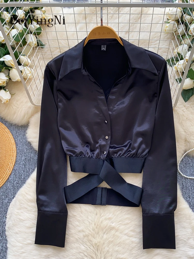 Beiyingni Camicie eleganti in raso di lusso per le donne Design Sexy Patchwork di pizzo Bottoni Fasciatura incrociata Crop Top Donna Camicette coreane