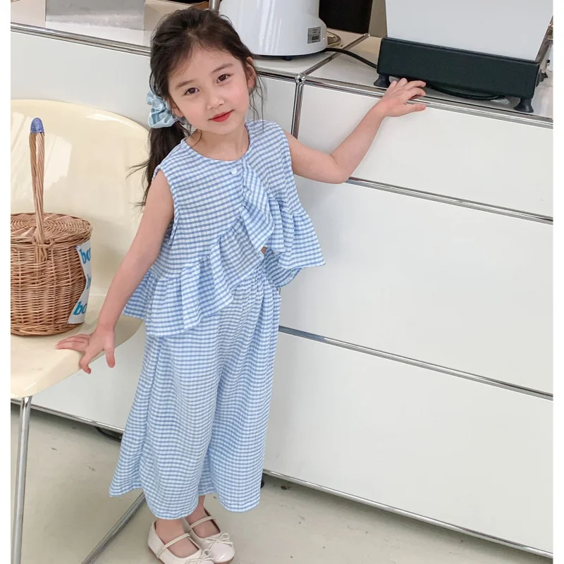 Girls' Suit Plaid Fashion Edition Cool Top Lengthened25Summer New Foreign Trade Children's Wear Delivery3-8Years Old