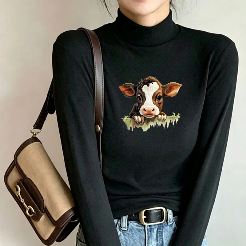2026 New Autumn Winter Thermal Brushed Fleece Long Sleeve Graphic Print T shirt Blouses Female Warm Shirt Women Top