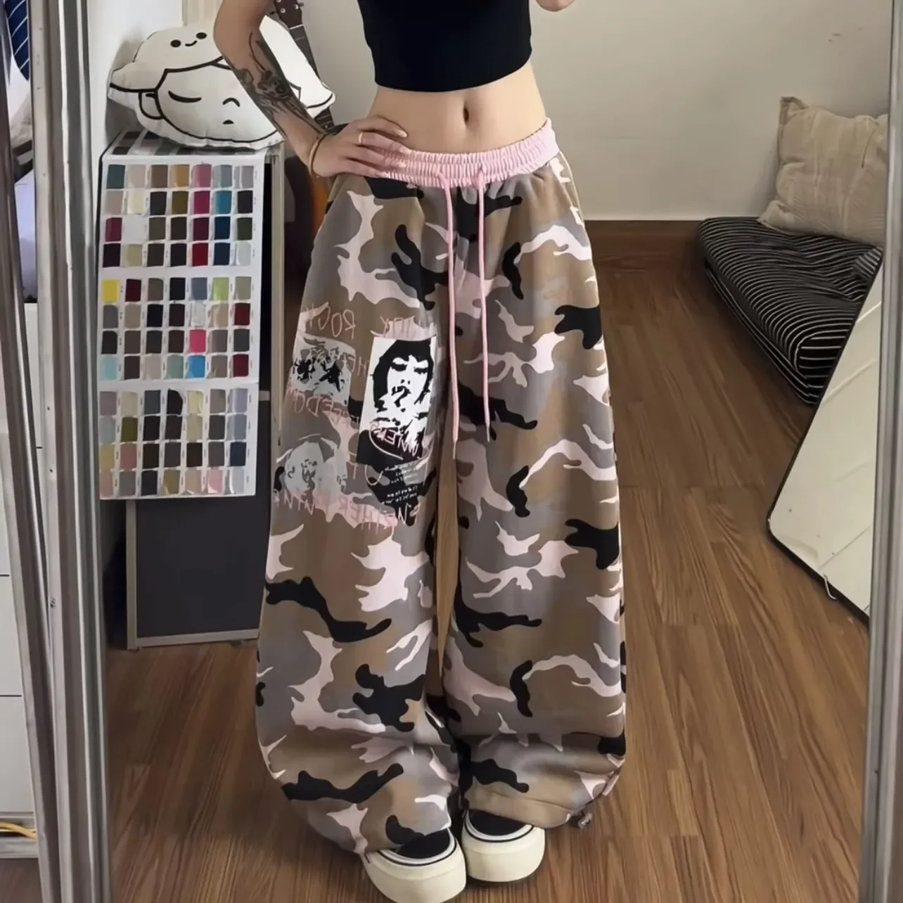 American street sweatpants women camouflage contrasting wide leg sweatpants loose drawstring casual floor pants women clothing