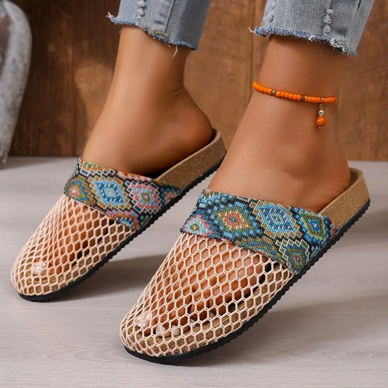 

Высококачественные летние женские мюли: модные закрытые однотонные сетчатые шлепанцы на плоской подошве, новые повседневные сандалии в богемном стиле