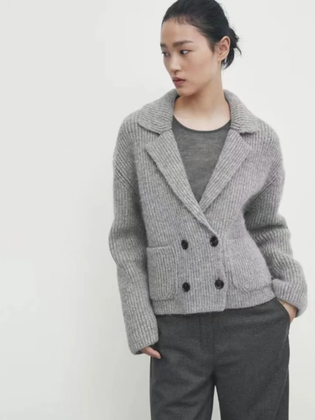

ey Knitted ort Jaet MD Women's Faion Autumn Winter New Arrival Suit Collar Open Front Sweater Outerwear Loose Fit