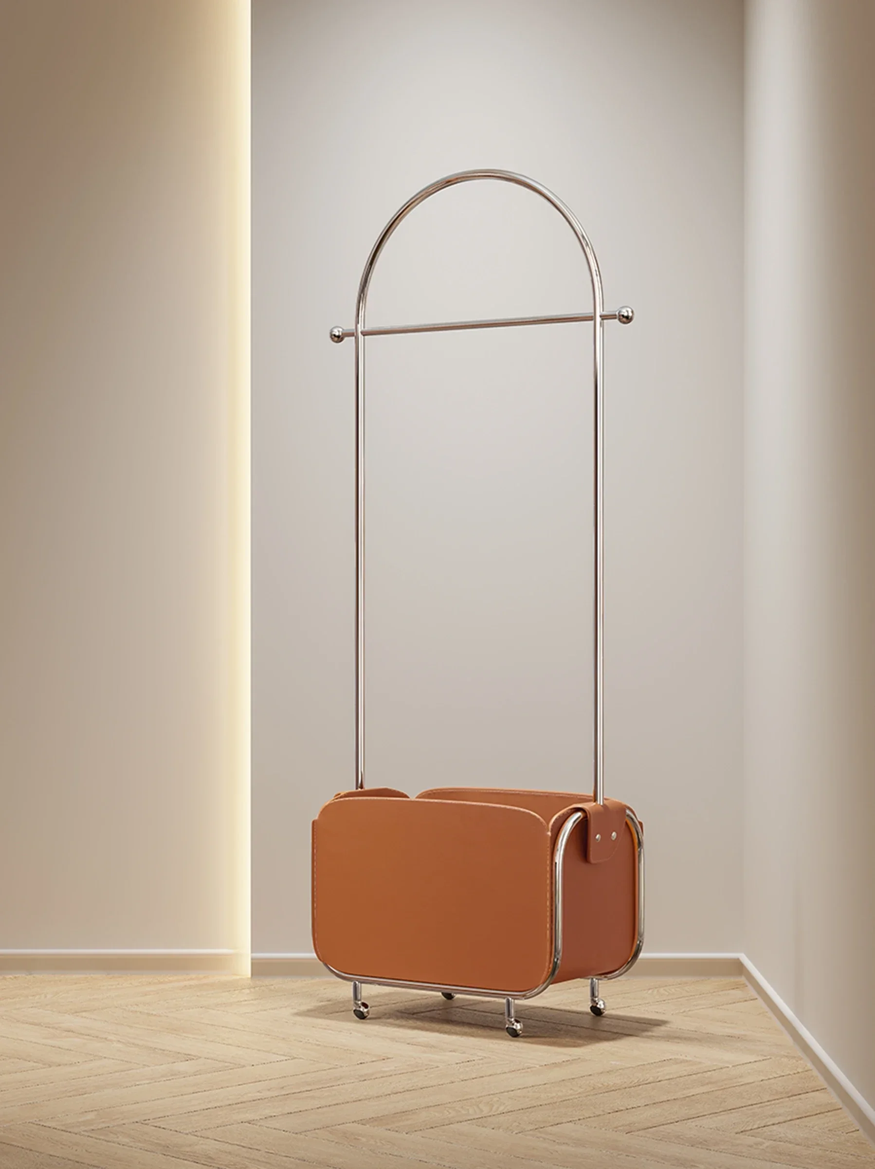 Light luxury metal mobile hanger, leather pocket dirty basket coat rack, leather hanger, storage coat rack assembly