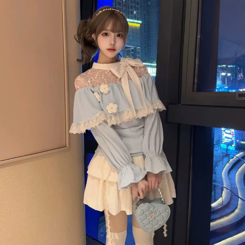 

Mesh Patchwork Flower Bow Sweet Blue Tops Women+ High Waist Cake A-line Skirts 2025 Early Autumn New Two Piece Sets