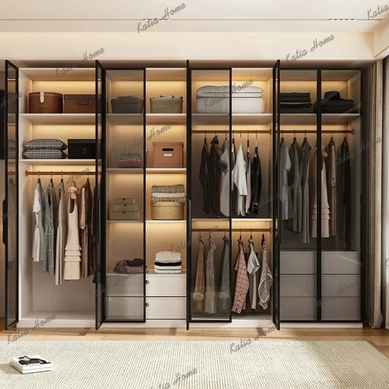 FG Modern Minimalist Dark Metal Frame Display Armoire Modular Spliced Glass Door Clothes Cabinet with Multi-Layer Partition Stor