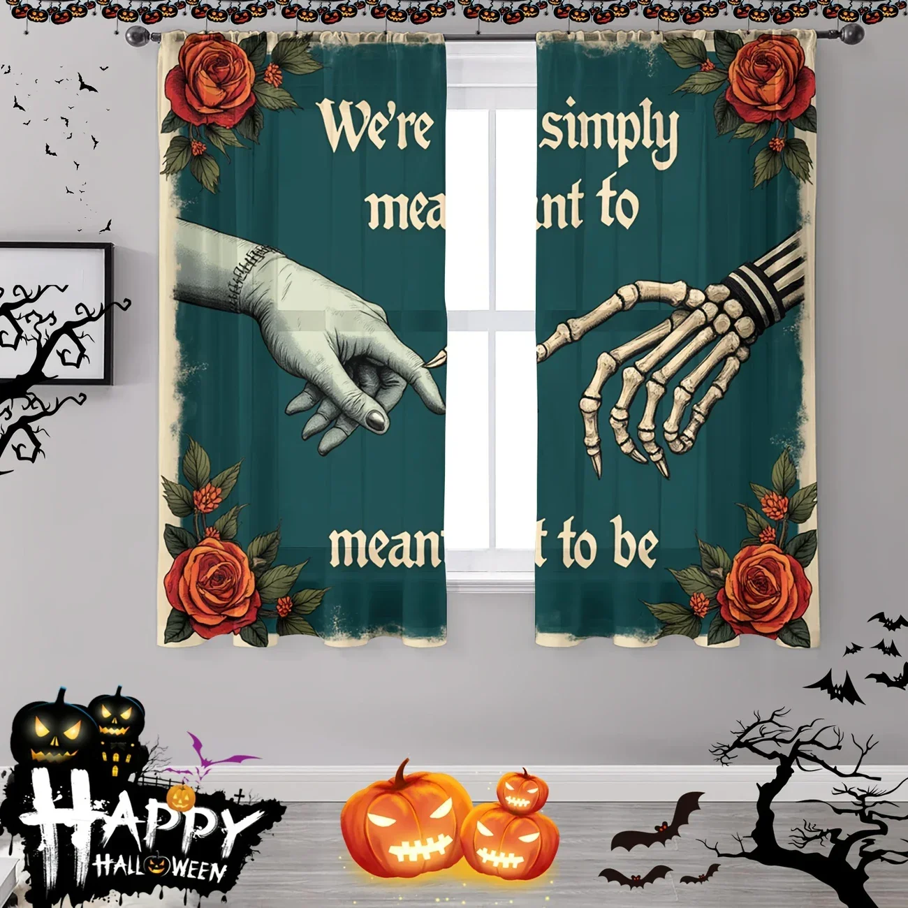 2pcs- Halloween Skeleton Gothic Rose sign language printed curtains, pole bag curtains, home decorations, room decorations