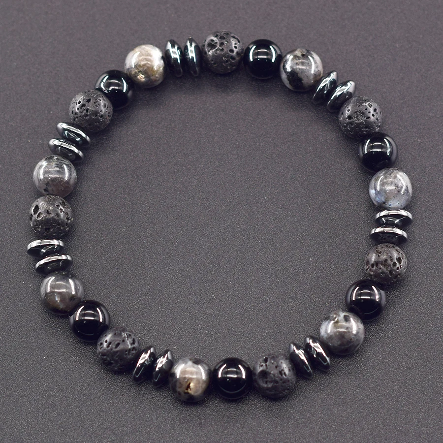 Classic Black Natural Labradorite Volcanic Stone Beads Bracelet Women Men Spiritual Protection and Energetic Banlance Jewelry