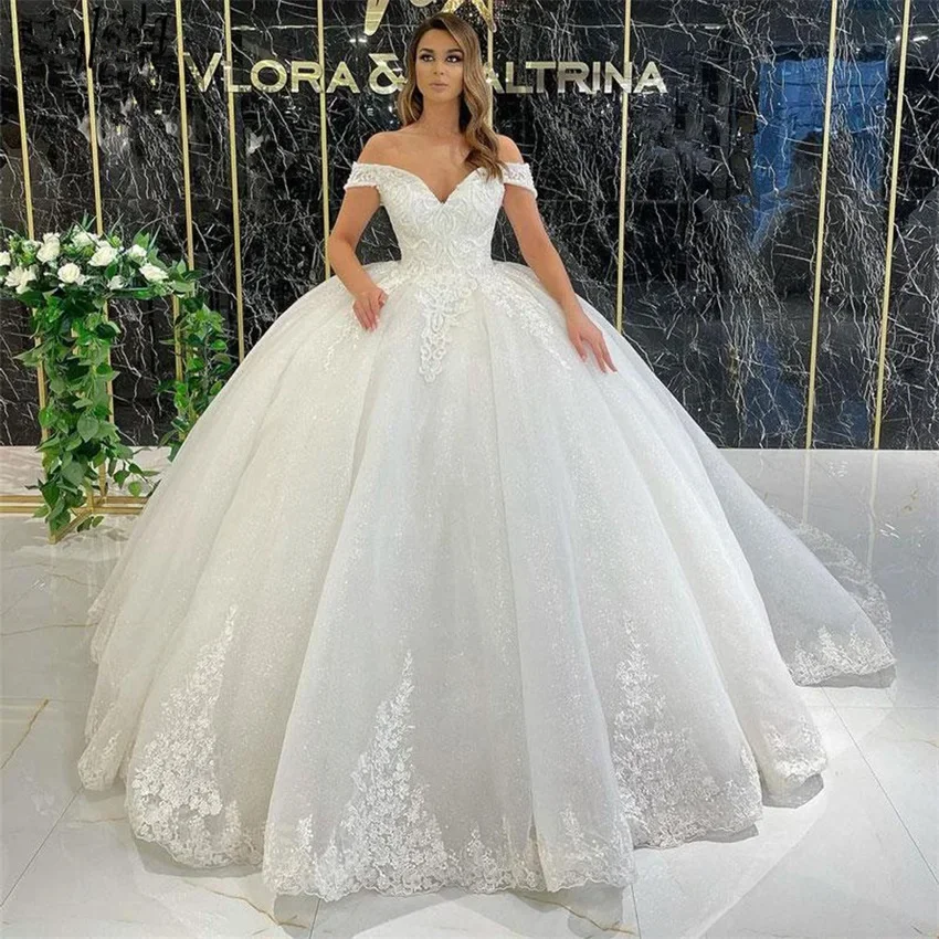 Em zhu personalizado fora do ombro vestido de casamento para mulher renda applique glitter tule vestido de noiva com decote em v a linha robe de mariée