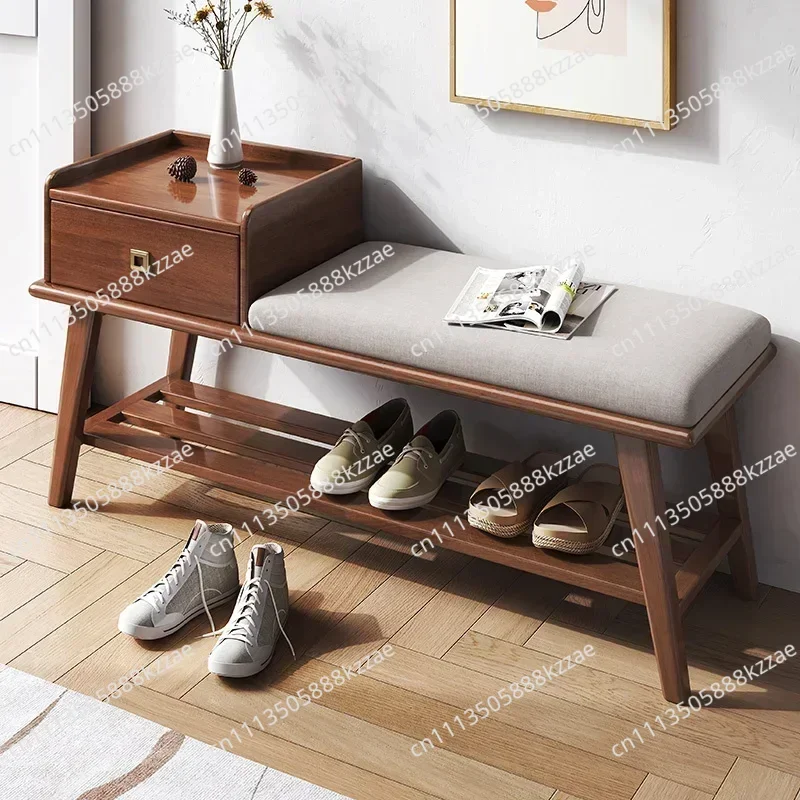 Solid Wood Drawer Shoe Cupboard  Household Door Frame Integration Sitting Stool with Walnut Foot Stool Long Storage Bench