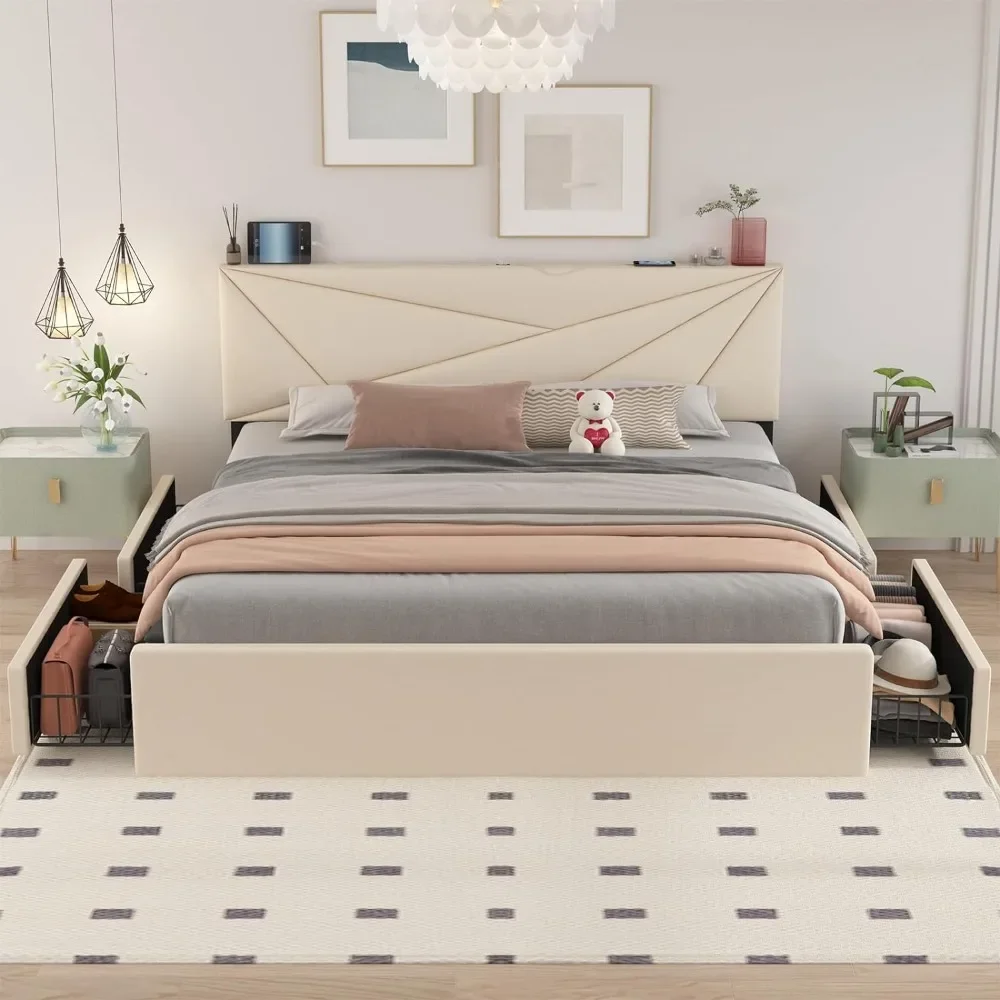

Queen Bed Frame with 4 Storage Drawers and Charging Station, Upholstered Bed Frame Platform Adjustable Headboard Wooden Slats