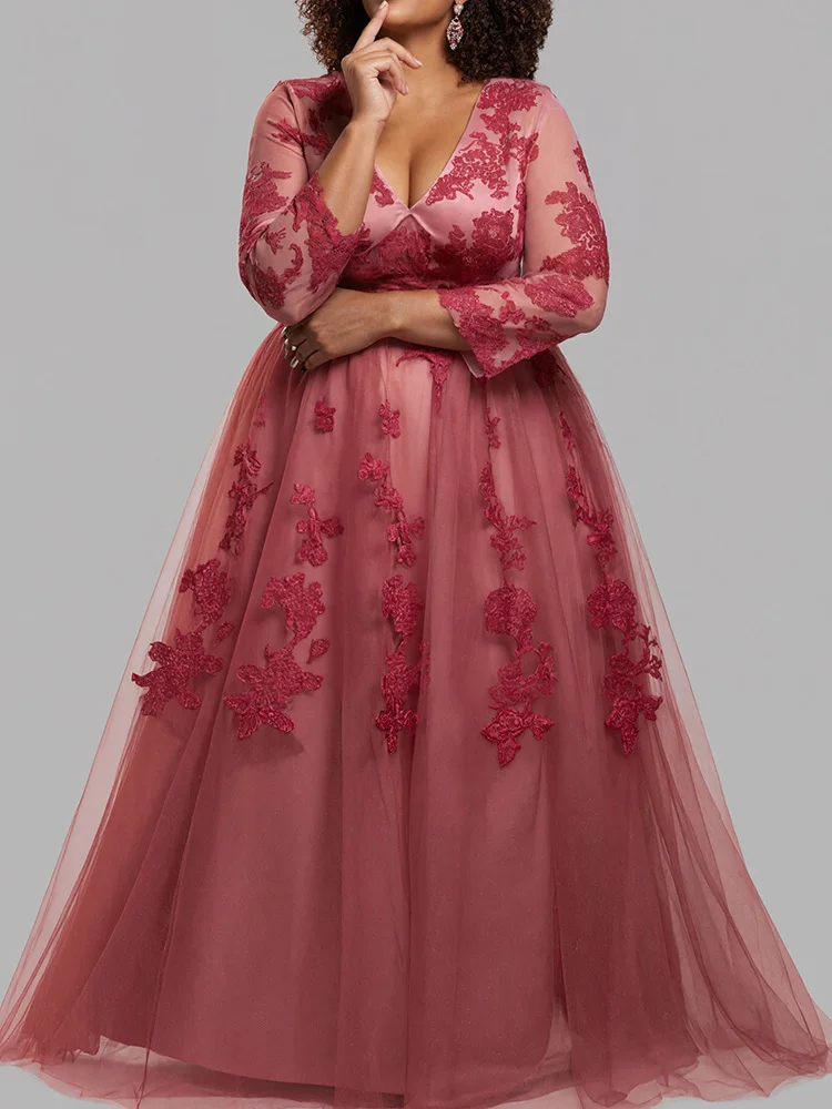 Women Lace Floral Applique Evening Dress Elegant V-Neck Sheer Mesh Long Sleeve A Line Maxi Wedding Guest Prom Gown Party Vestido
