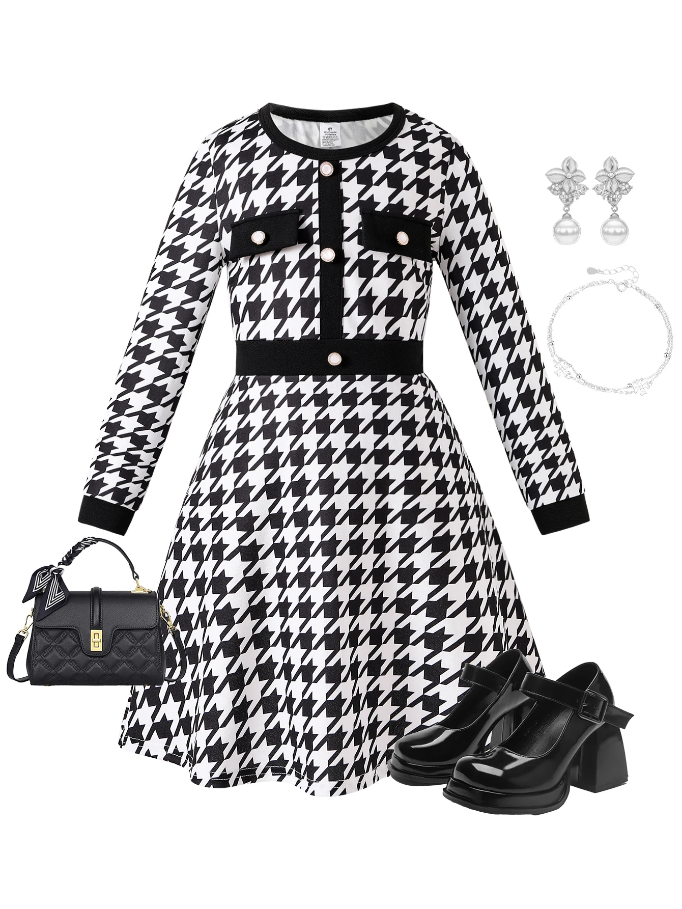 Conjunto de 1 pieza de vestidos finos de primavera y otoño para niñas, vestido con estampado de patchwork en blanco y negro de manga larga con cuello redondo y decoración de botones pequeños estilo Chanel, vestido de una pieza sencillo y elegante, vestido