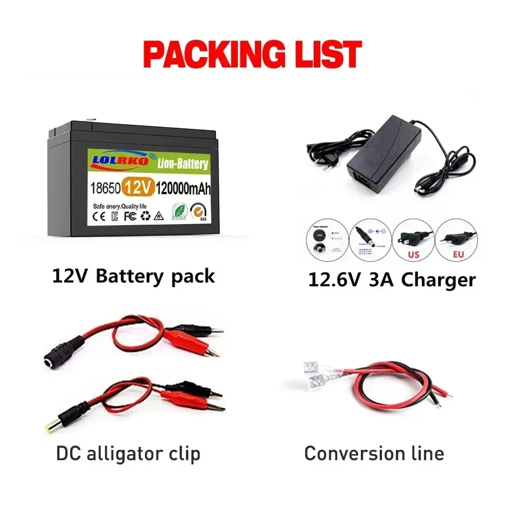 New 12V Battery 120Ah 18650 lithium battery pack Rechargeable battery for solar energy electric vehicle battery+12.6v3A charger