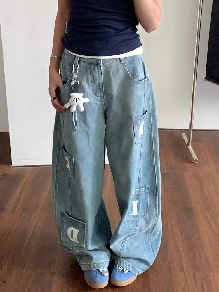 

2025 Cyber Y2K Streetwear Letter Printed Baggy New Jeans Pants For Women Clothing Wide Leg Lady Denim Trousers Pantalon Femme