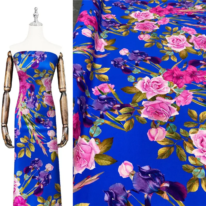 Heavy Crepe 30 Momme Pure Silk Fabric Elegant Blue Bottom Flower Print Wrinkle Resistant and Non Ironing High End Dress Fabric