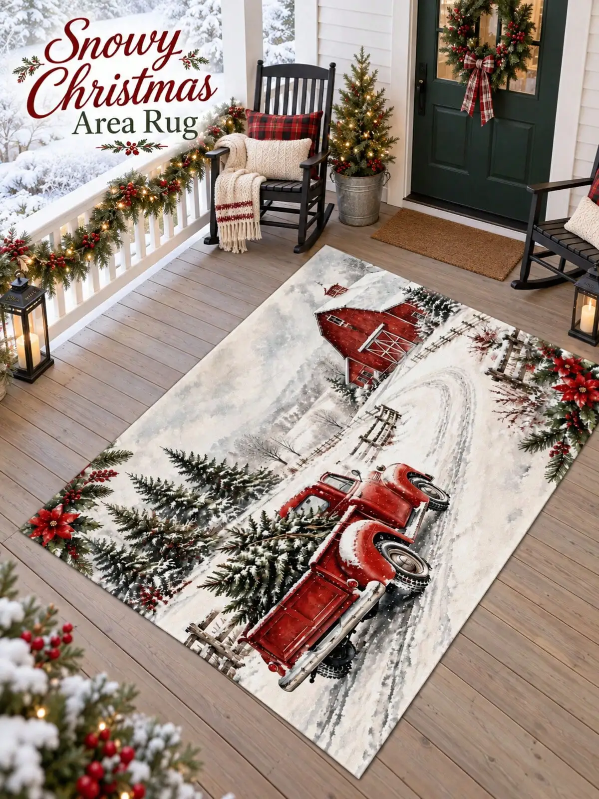 Christmas Rug Pickup Truck Barn Forest Living Room Bedroom Study Entryway Floor Carpet Gift for Parents Grandparents Friends Winter Thanksgiving Birthday Anniversary Housewarming Apartment Cottage Home Styling Sofa Side Reading Nook Holiday Gathering