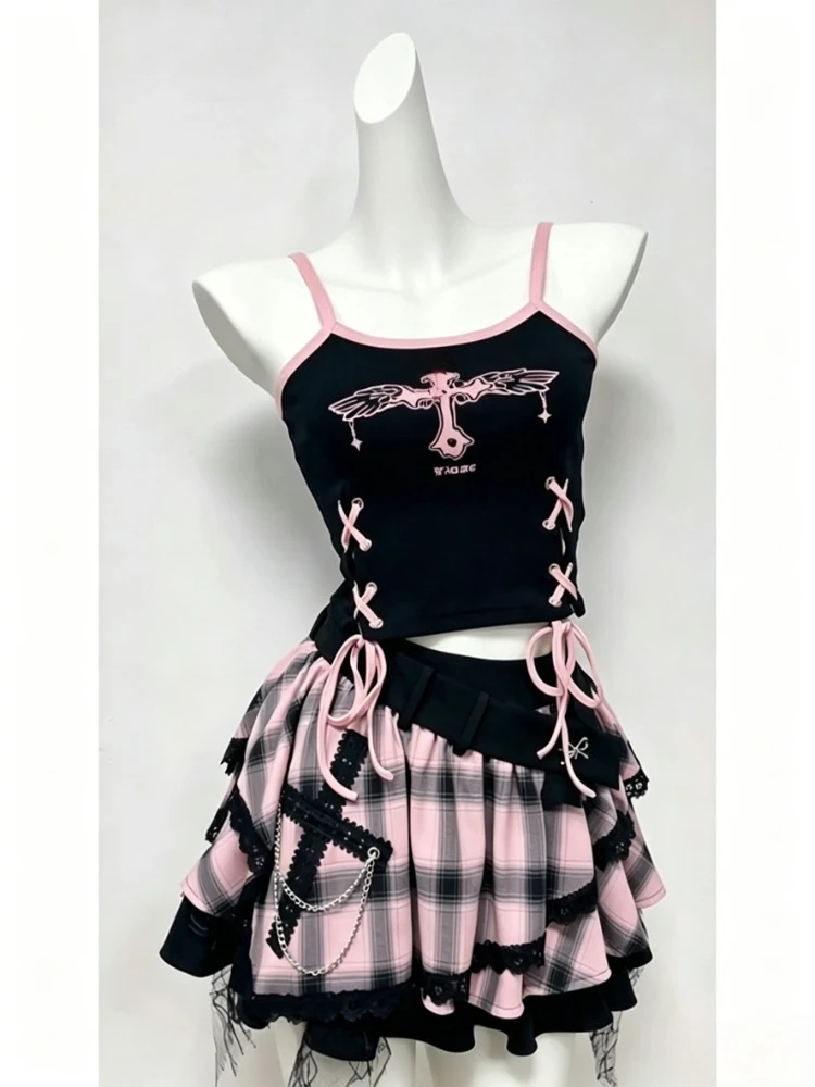 Summer Japanese Style 2 Piece Set for Women Sexy Spicy Girl Pure Desire Subculture Gothic Mini Skirt Suit Daily Female Outfits