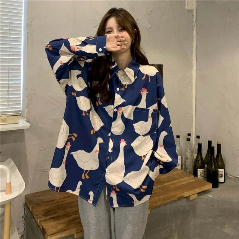 

Рубашки для женщин с воротником-поло в корейском стиле, кардиганы с принтом граффити, повседневная свободная однобортная блузка с длинными рукавами, женские топы