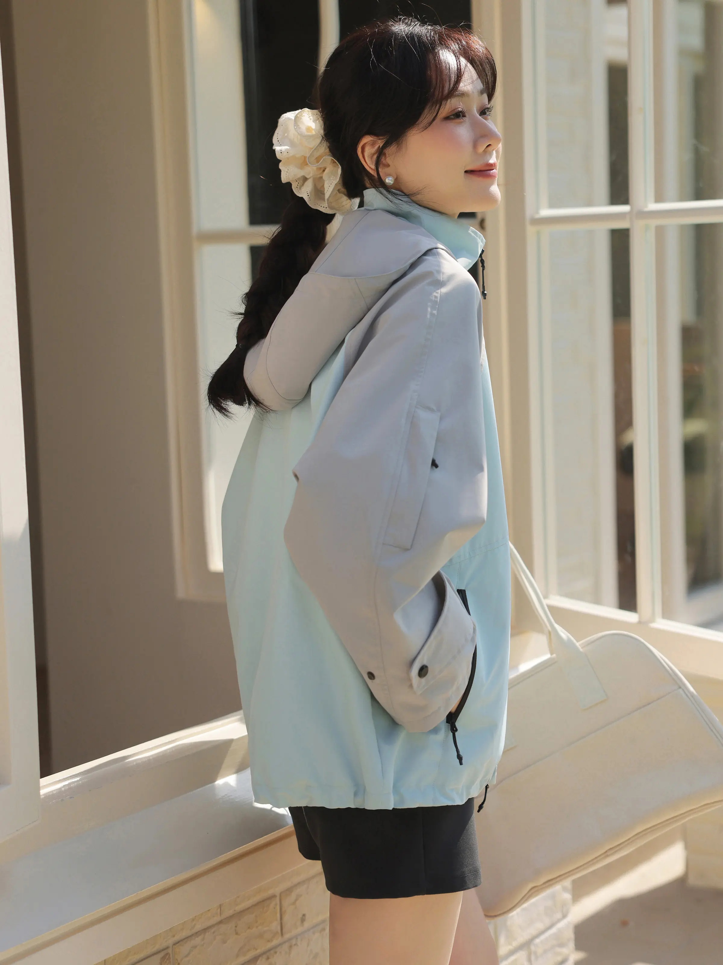 Color Block Hooded Windbreaker Jacket Women Lady Lightweight Waterproof Outdoor Coat Loose Fit Casual Spring Commuter Outerwear