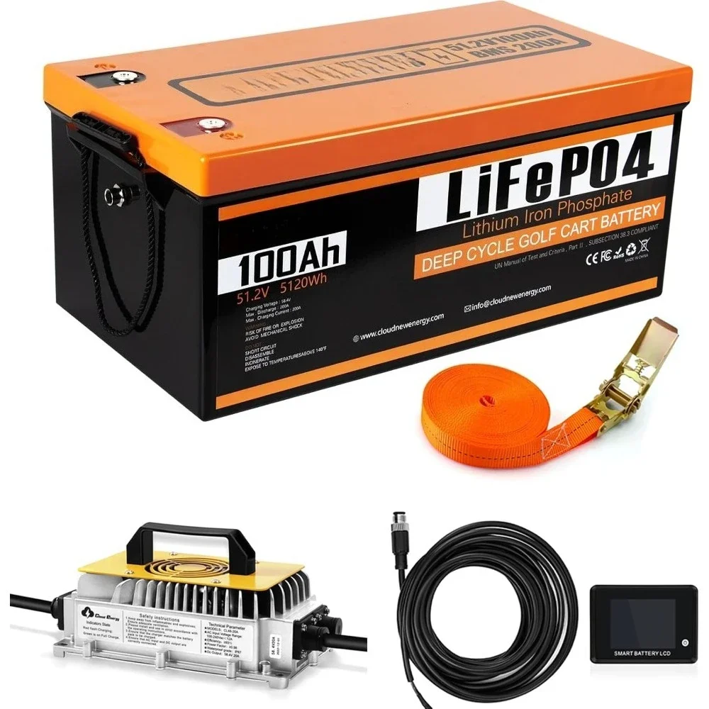 

48V(51.2V) LiFePO4 Lithium Golf Cart Battery Built-in 200A BMS,with Mobile APP,Touch Monitor and retention strap,6000+ Cycles