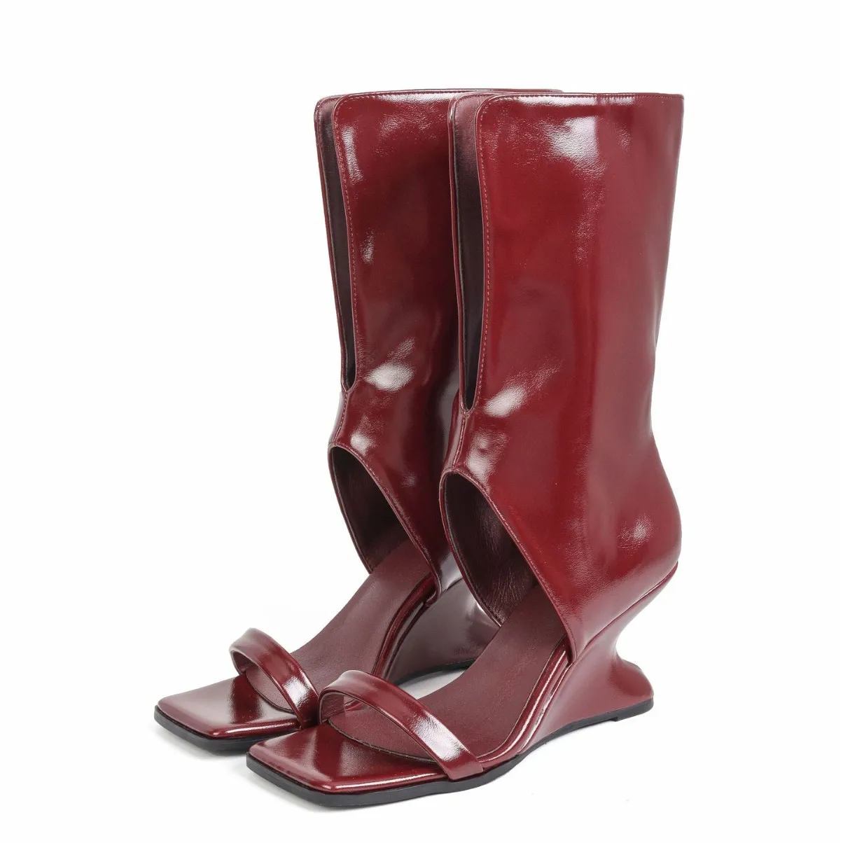 Sexy Pump Design Wedge Heel Sandals Women Square Open Toe Front Thin Band Tall Hollow Glossy Tube Unique Runway Style Footwear