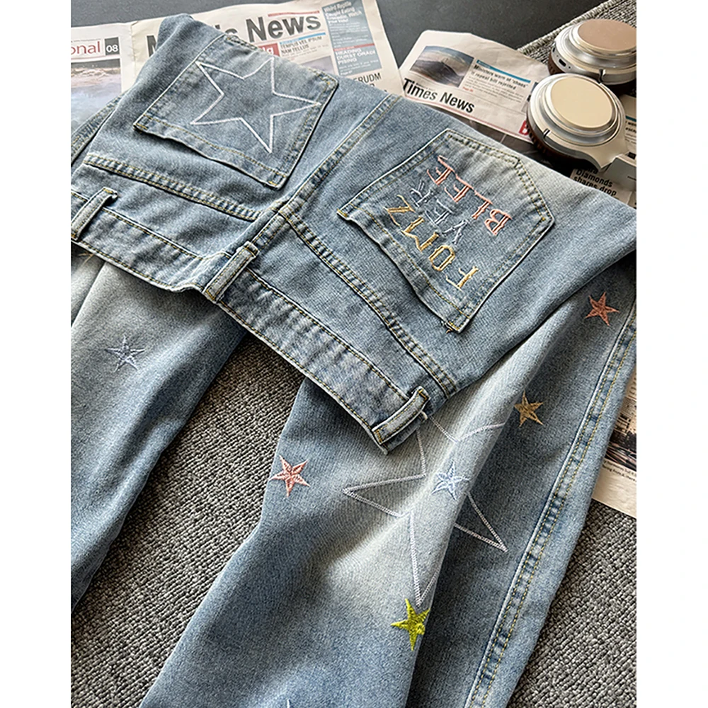Mode Sterren Borduren Blauwe Jeans voor Dames Lente Herfst Hoge Taille Rechte Losse Denim Broek Retro Gewassen Blauwe Jeans