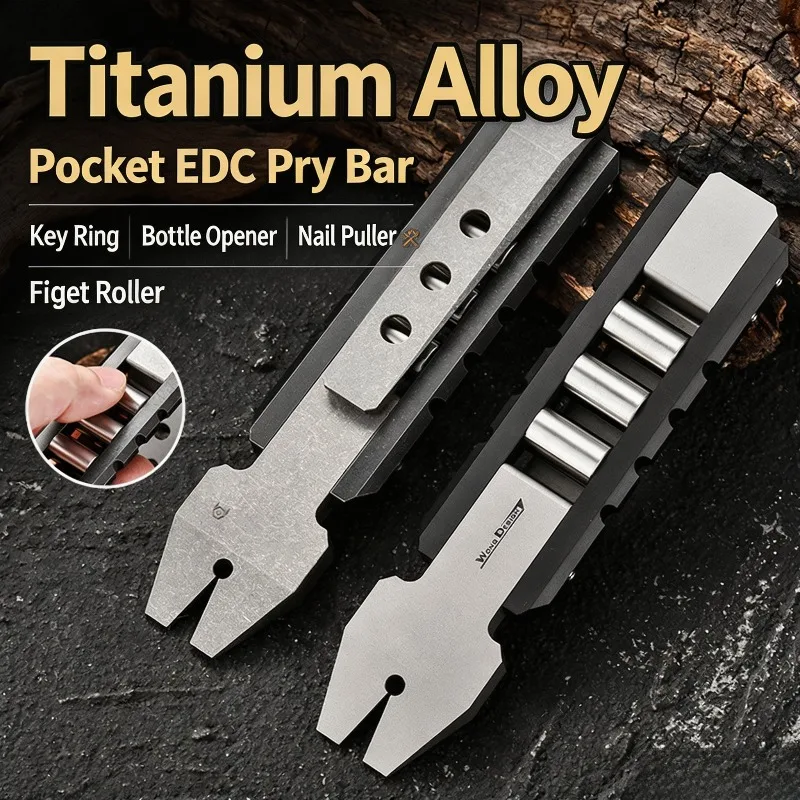Portable Titanium Alloy EDC Pry Bar Multifunctional Mini Bottle Opener With Pocket‑Clip Roller EDC Tool Pocket Crowbar Gear
