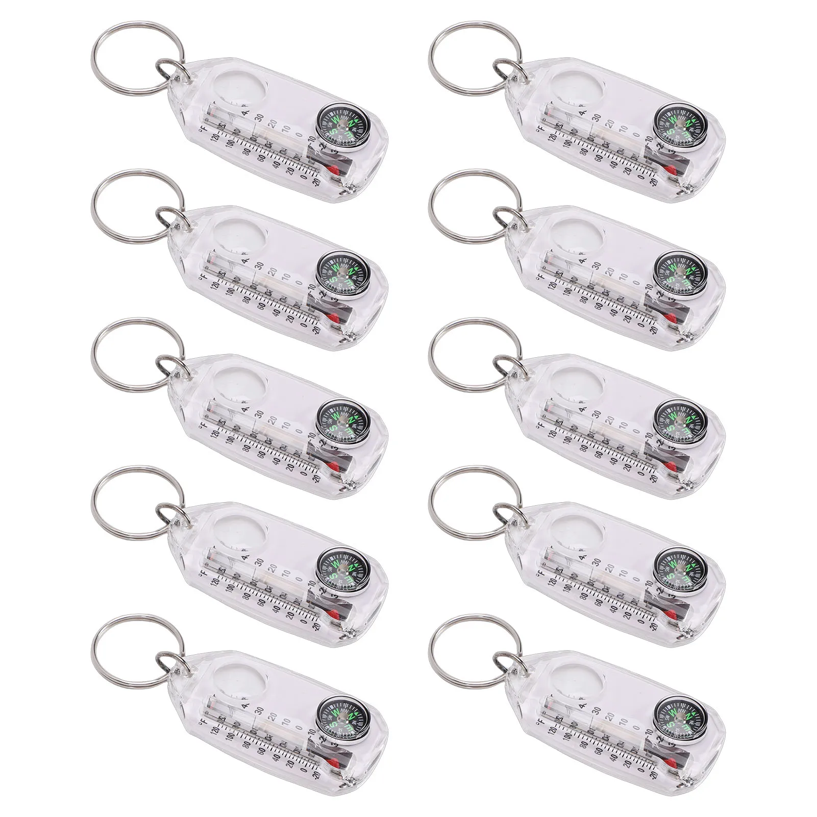 10PCS Pocket Compass and Thermometers Portable Multifunctional Keyring Magnifying Glass Compass Thermometer for Hiking Camping